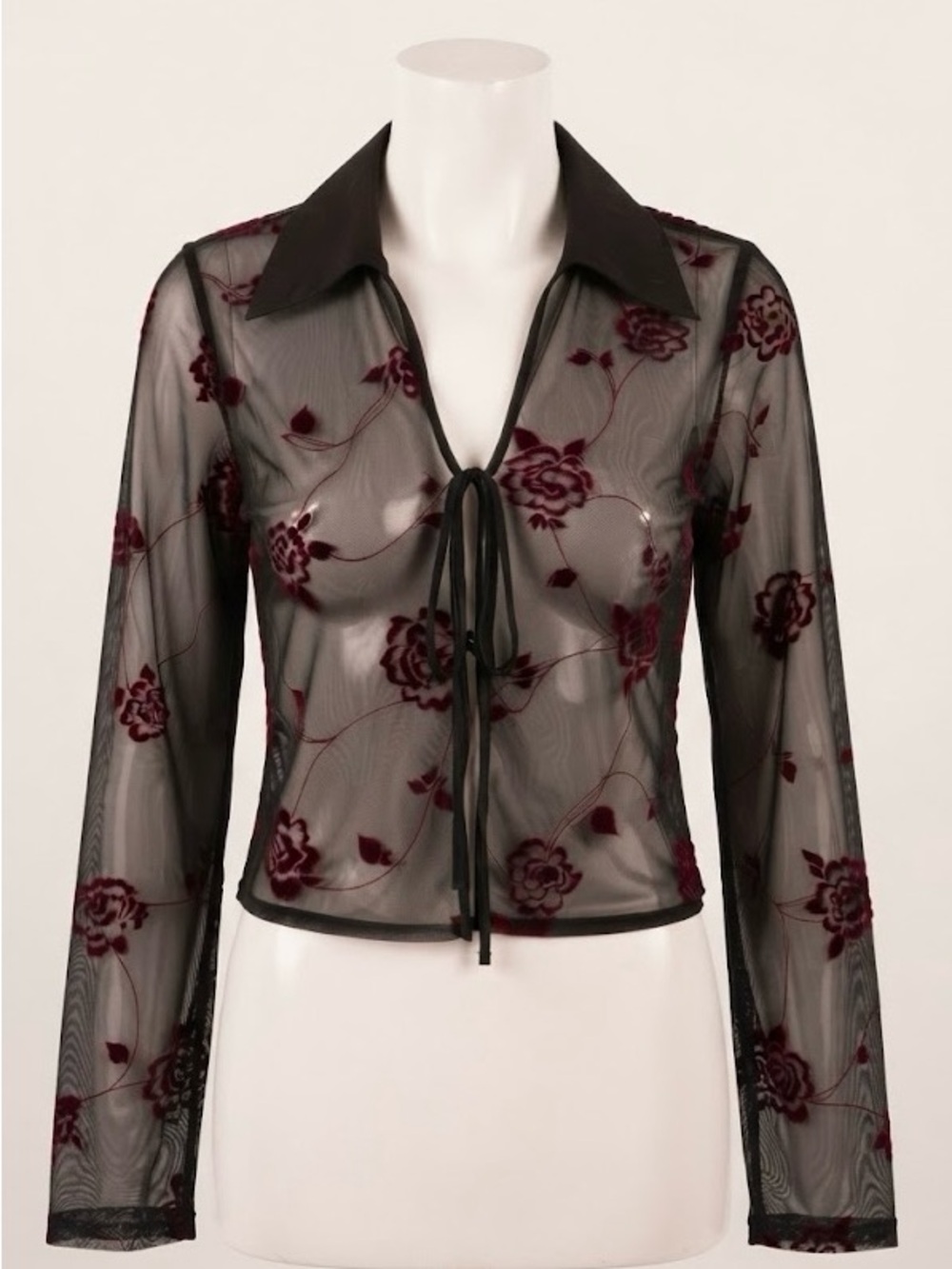 Vintage Whimsygoth Sheer Mesh Tie Cardigan Top Burgundy Velvet Floral Details